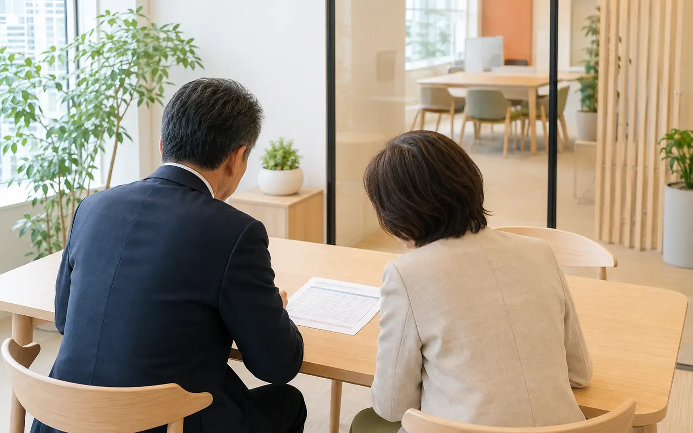担当者と書類を見る相談者の後ろ姿(架空・イメージ)