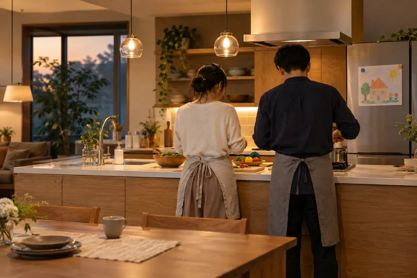 リノベーションした台所で料理をする夫婦