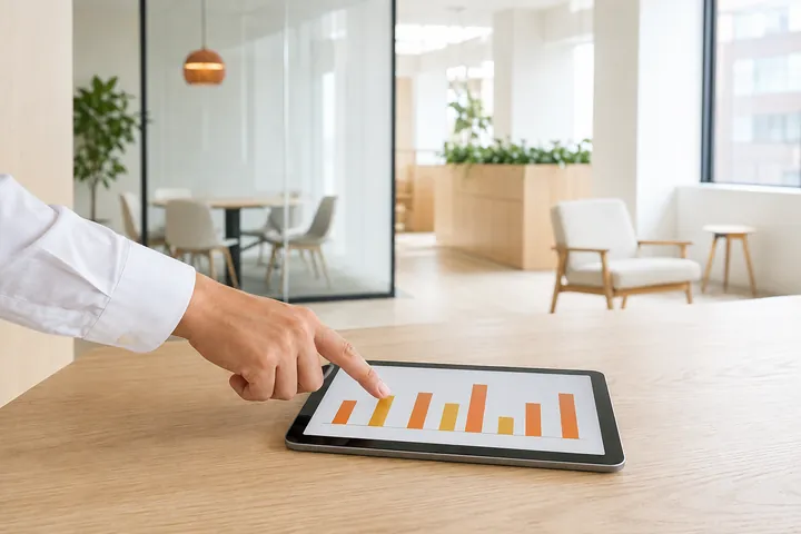 タブレットの棒グラフを指さす手元