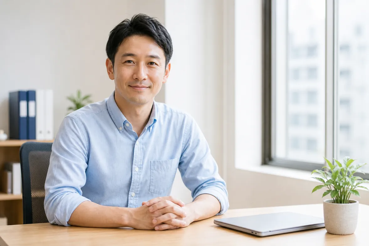 代表の登坂拓（架空の人物）。窓際の机で手を組んで正面を向いている