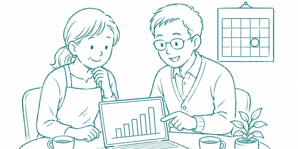 基本の顧問の線画。税理士と社長が並んでパソコンの棒グラフを見る