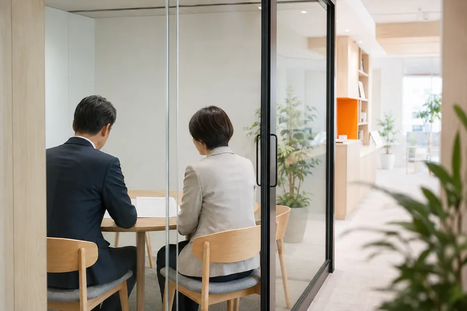 打合せをする2人の後ろ姿
