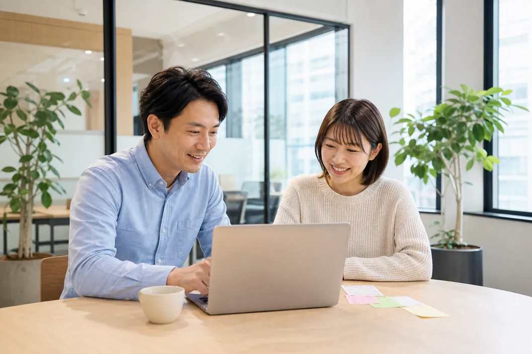 税理士とお客様の打合せ（架空の人物）。パソコンと付箋を挟んで笑顔で話す