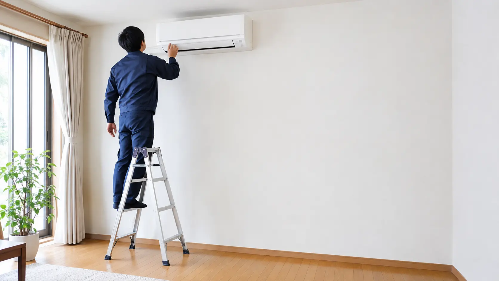 白い壁に室内機を取り付ける、紺の作業着のスタッフ