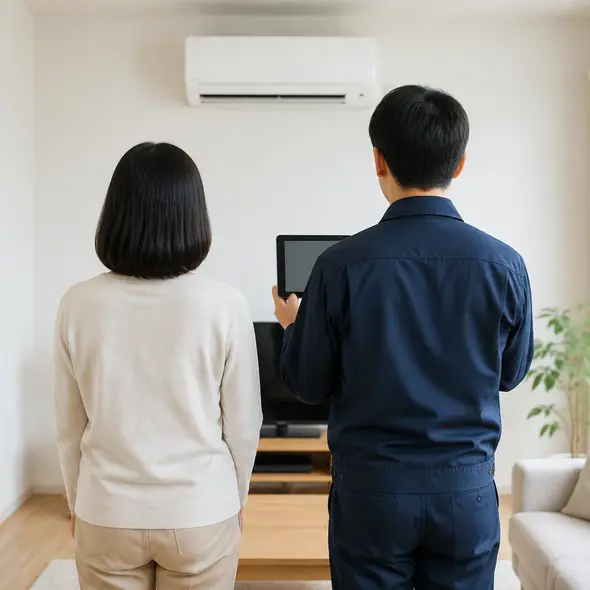 リビングでお客様と見積もりの相談をするスタッフ
