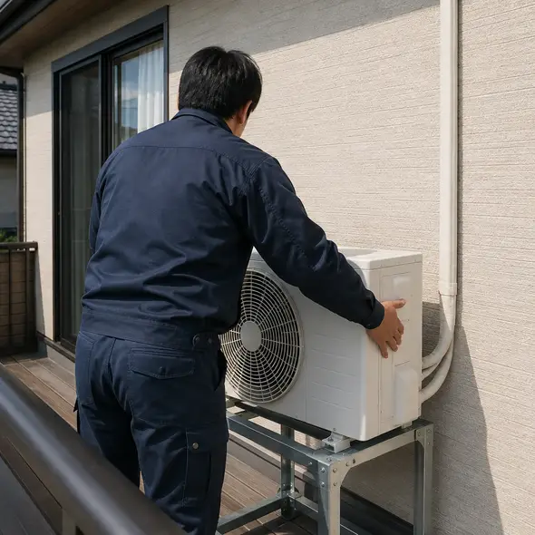 ベランダの架台に室外機を据えるスタッフ
