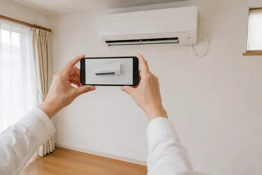 スマホで壁のエアコンとコンセントを撮る手元