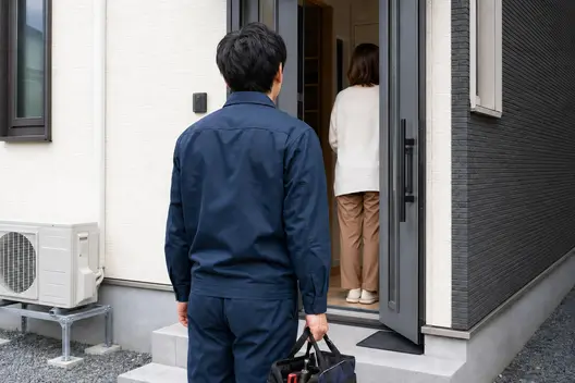 玄関でお客様に挨拶するスタッフの後ろ姿