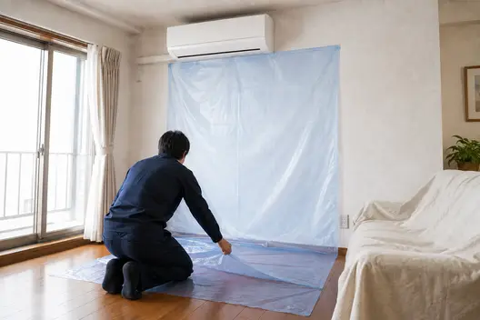 室内機の下の壁と床に青い養生シートを広げるスタッフ