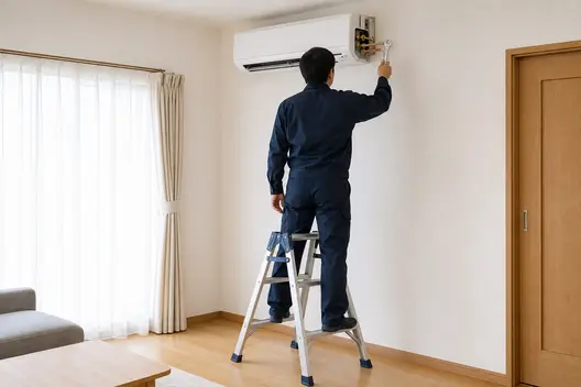 脚立に乗って室内機の配管をつなぐスタッフ