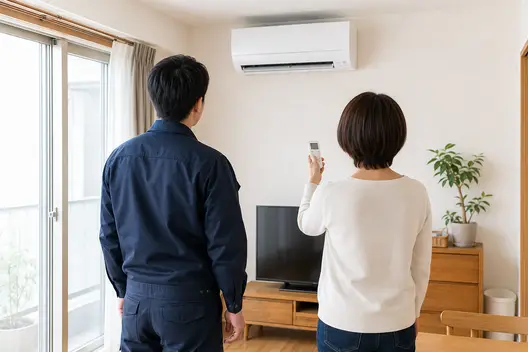 スタッフとお客様が並んで、動き始めた室内機を見上げる