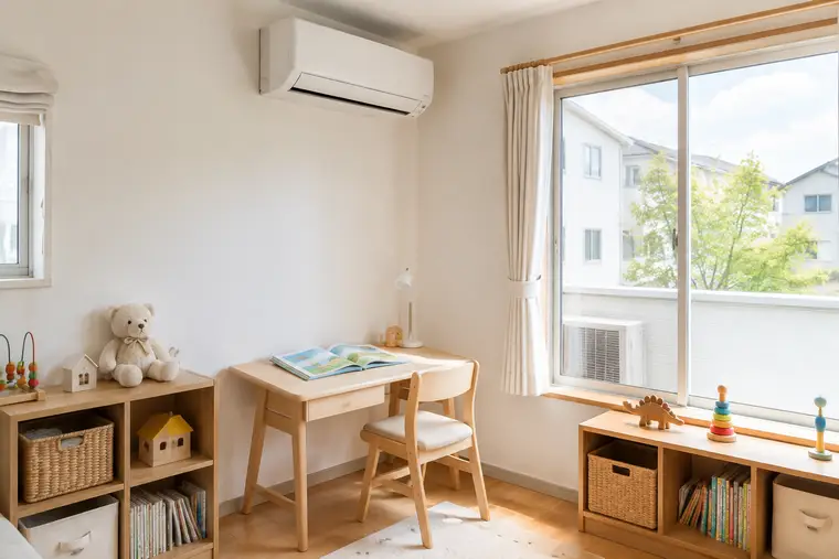 取り付け後の子ども部屋と壁の室内機