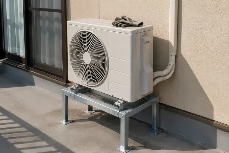 ベランダの架台の上の室外機