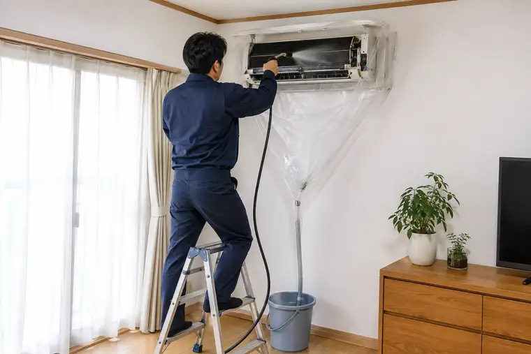 養生した室内機を高圧洗浄するスタッフ