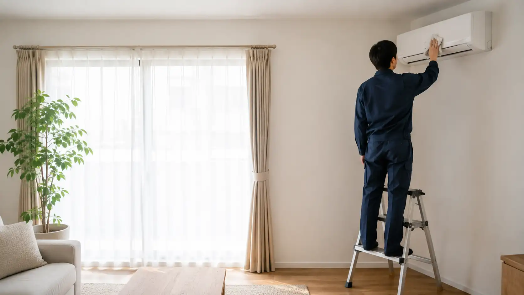 取り付けた室内機を拭き上げるスタッフの背中