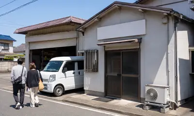 軽バンが停まった小さな事務所の外観