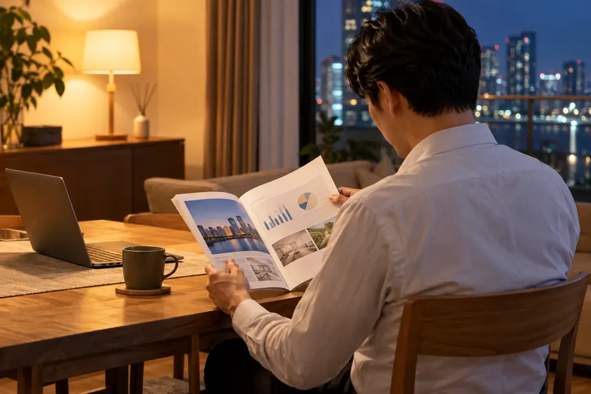 自宅で資料を読む会社員の後ろ姿